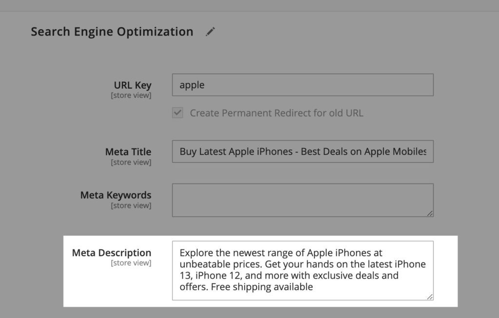 update magento page description